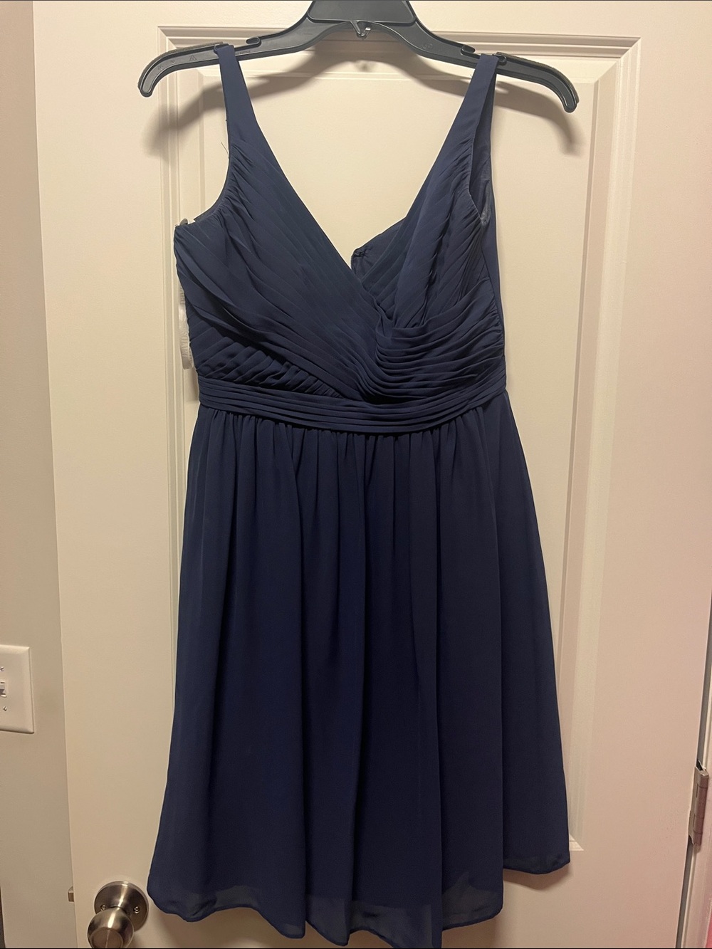 David's Bridal Navy V-Neck Chiffon Midi Dress